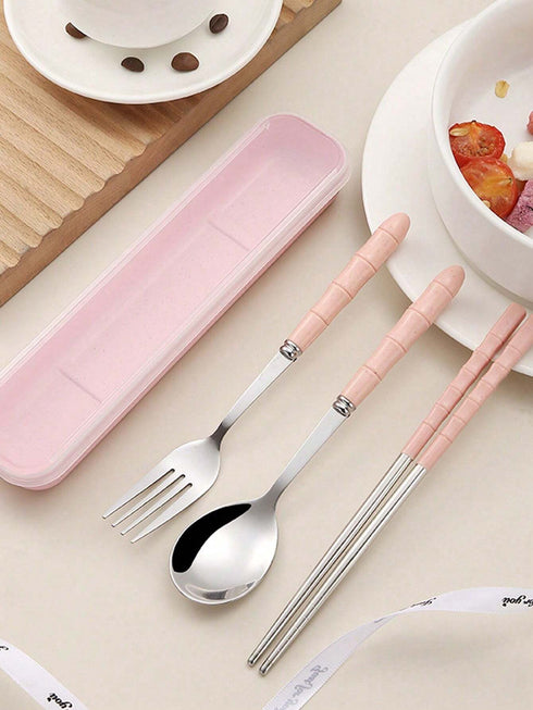 SHEIN 1pc Festival Tableware Set 3pcs Stainless Steel Portable Cutlery Set (Chopsticks, Spoon, Fork) Suitable For Parties1
