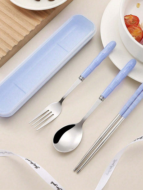 SHEIN 1pc Festival Tableware Set 3pcs Stainless Steel Portable Cutlery Set (Chopsticks, Spoon, Fork) Suitable For Parties