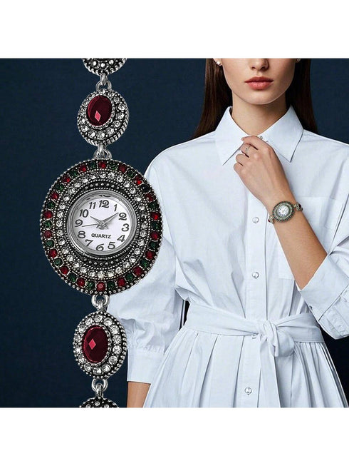 SHEIN 1pc Vintage Style Women's Quartz Bracelet Watch, Fashion Luxury Bohemian Arabic Numeral Dial, Suitable As Gift