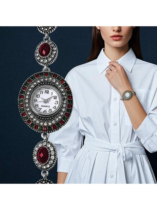 SHEIN 1pc Vintage Style Women's Quartz Bracelet Watch, Fashion Luxury Bohemian Arabic Numeral Dial, Suitable As Gift