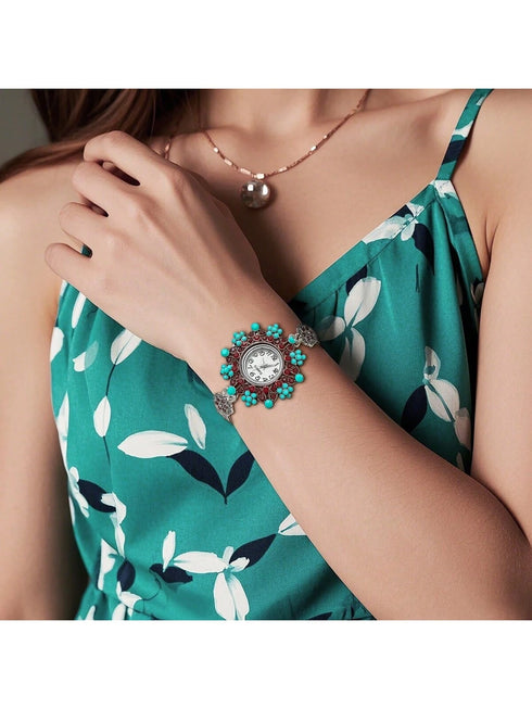 SHEIN 1pc Vintage Style Women's Quartz Bracelet Watch, Fashion Luxury Bohemian Design With Arabic Numeral Dial, Ideal0