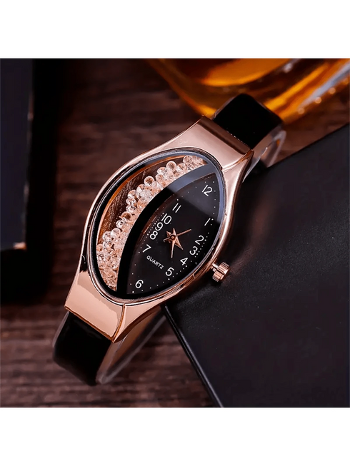 SHEIN 1pc Women's Fashionable Elegant & Cute Elliptical Watch With Rhinestone & Leather Strap, Quartz Wristwatch00