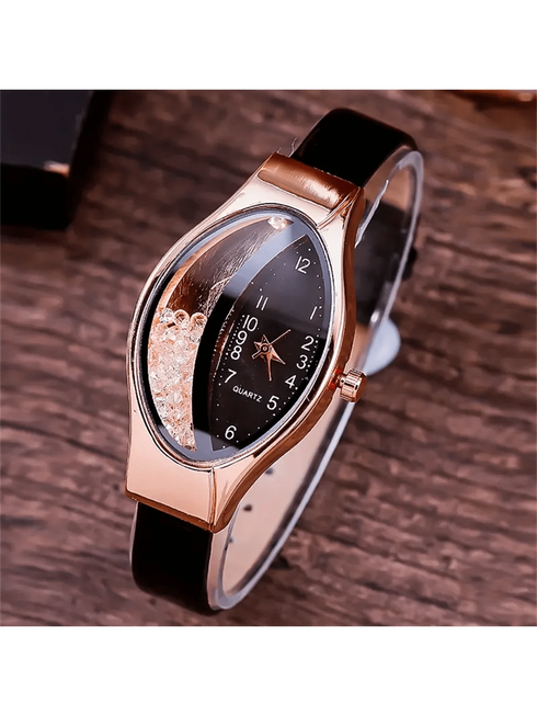 SHEIN 1pc Women's Fashionable Elegant & Cute Elliptical Watch With Rhinestone & Leather Strap, Quartz Wristwatch0