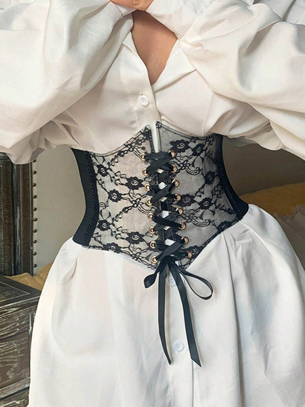 SHEIN 1pc Women's Renaissance Era Accessory, Black Sheer Lace Corset, Sexy Gothic Style Suitable For Halloween Party