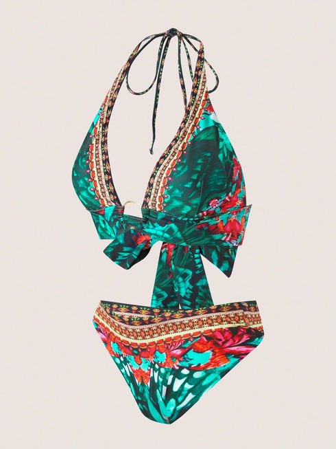 SHEIN 2025 New European & American Style Women Floral Print Halter Bikini Set, Sexy Fitted Swimwear, For Summer Beach0