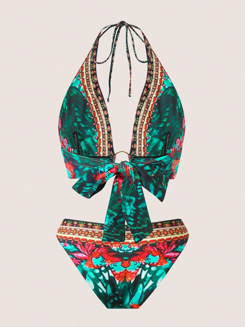 SHEIN 2025 New European & American Style Women Floral Print Halter Bikini Set, Sexy Fitted Swimwear, For Summer Beach1