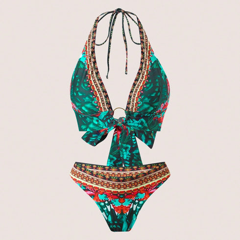 SHEIN 2025 New European & American Style Women Floral Print Halter Bikini Set, Sexy Fitted Swimwear, For Summer Beach