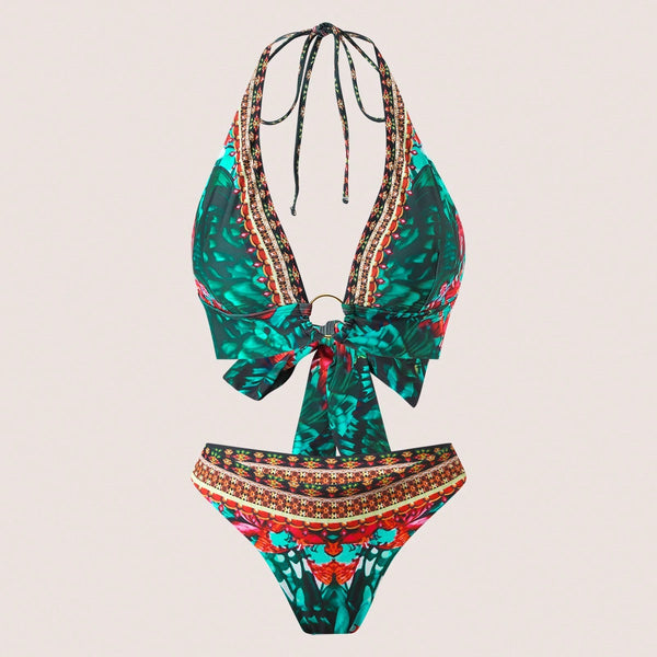 SHEIN 2025 New European & American Style Women Floral Print Halter Bikini Set, Sexy Fitted Swimwear, For Summer Beach