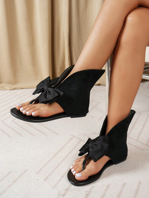 SHEIN 2025 Summer New Round Toe Flip Flop Sandals Women, Fashion Bow Milk Tube Ankle Boots Pants Leg Flat0