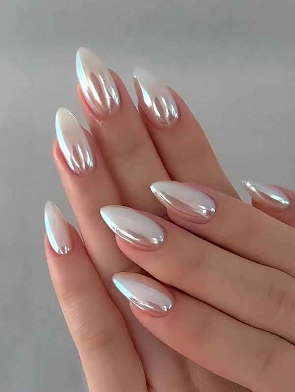 SHEIN 24pcs Vintage Street-Style Minimalist Elegant Daily Classic Pure White Aurora Almond Shaped Nail Stickers Set