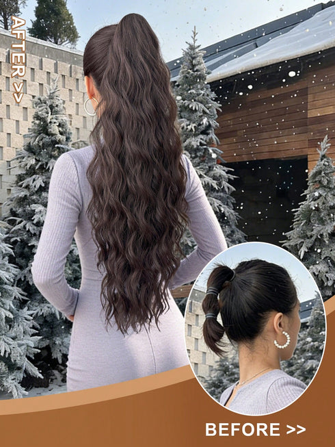 SHEIN 26 Inch Long Wavy Synthetic Hair Ponytail Extension, Heat Resistant Fiber, Brown Color, Claw Clip Design, Suitable For01