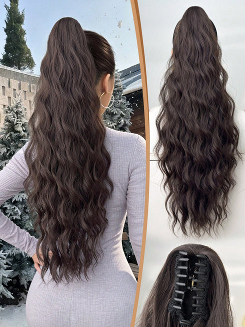 SHEIN 26 Inch Long Wavy Synthetic Hair Ponytail Extension, Heat Resistant Fiber, Brown Color, Claw Clip Design, Suitable For0