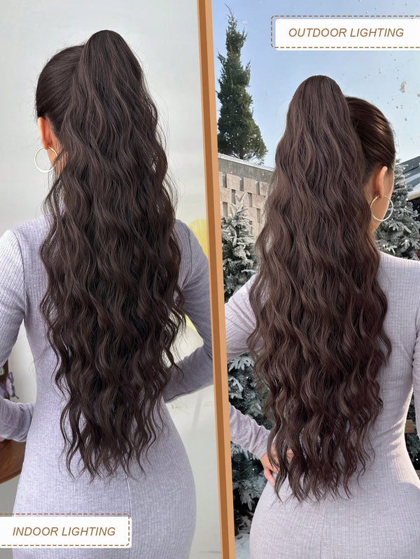 SHEIN 26 Inch Long Wavy Synthetic Hair Ponytail Extension, Heat Resistant Fiber, Brown Color, Claw Clip Design, Suitable For
