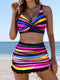 SHEIN 3pcs Striped Bikini Set: Criss-Cross Strap Top, High-Waisted Bottoms, And Swim Skirt. Neon Striped Padded Swimwear, Suitable For Summer Beach