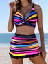 SHEIN 3pcs Striped Bikini Set: Criss-Cross Strap Top, High-Waisted Bottoms, And Swim Skirt. Neon Striped Padded Swimwear, Suitable For Summer Beach