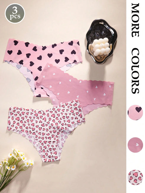 SHEIN 3pcs Women's Panties With Lovely Heart Print, Ruffled Trim, Soft & Smooth Fabric, Comfortable Casual Underwear0