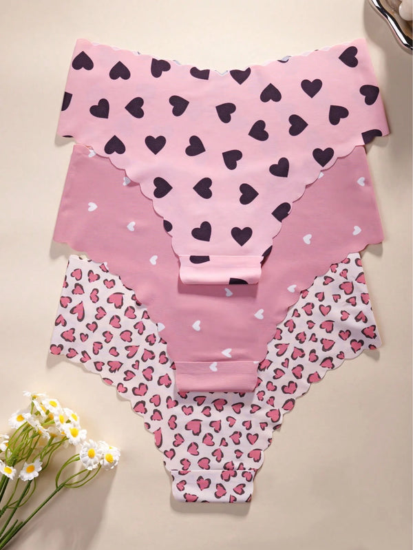 SHEIN 3pcs Women's Panties With Lovely Heart Print, Ruffled Trim, Soft & Smooth Fabric, Comfortable Casual Underwear