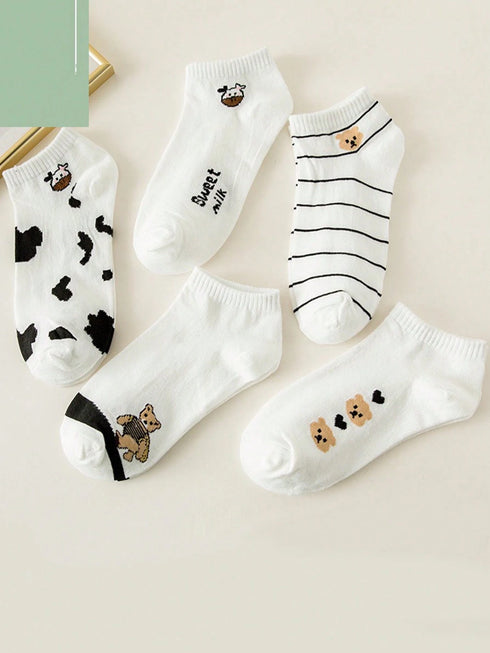 SHEIN 5 Pairs Women Simple Cartoon Cow & Bear Design White Socks, Comfortable Soft Breathable Suitable For Daily0
