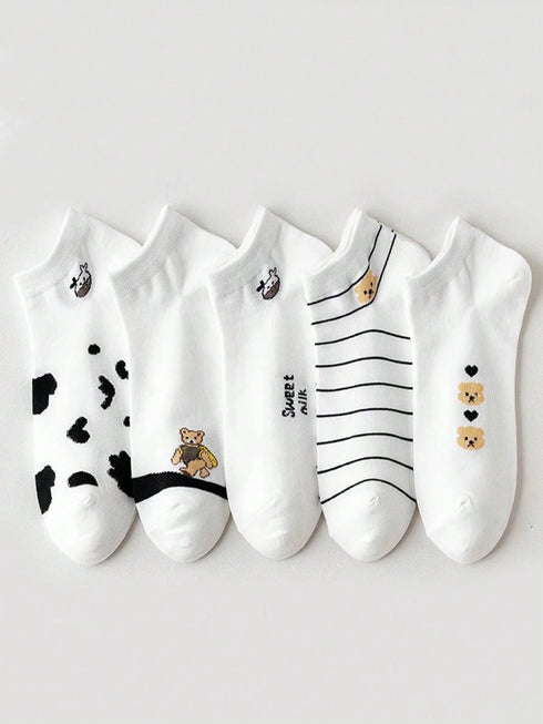 SHEIN 5 Pairs Women Simple Cartoon Cow & Bear Design White Socks, Comfortable Soft Breathable Suitable For Daily