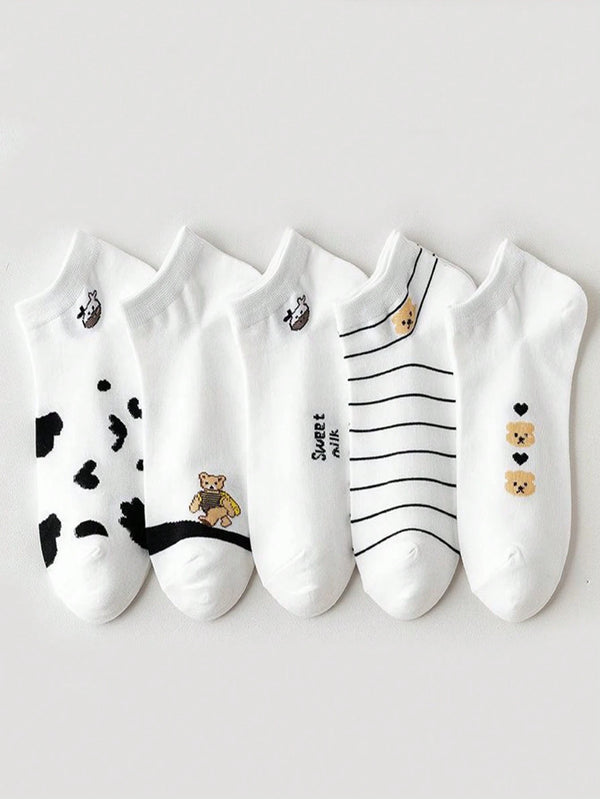 SHEIN 5 Pairs Women Simple Cartoon Cow & Bear Design White Socks, Comfortable Soft Breathable Suitable For Daily