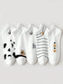 SHEIN 5 Pairs Women Simple Cartoon Cow & Bear Design White Socks, Comfortable Soft Breathable Suitable For Daily