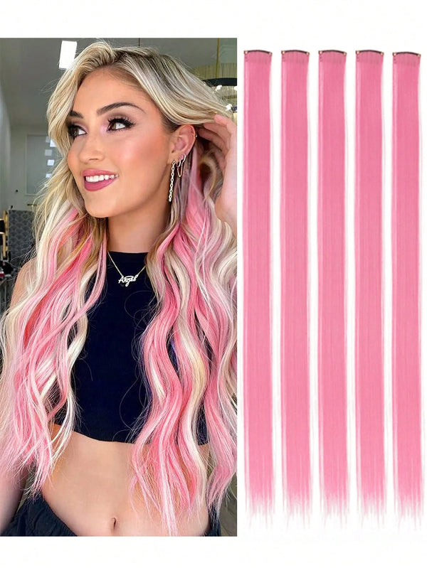 SHEIN 5pcs Pink Clip-In Hair Extensions, 20 Inches Long Straight, Synthetic Material, Suitable For Halloween Cosplay, Dress