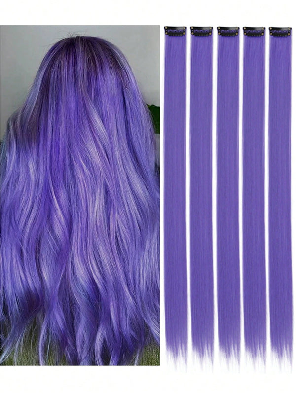 Purple hair extensions shown on a person and individually.