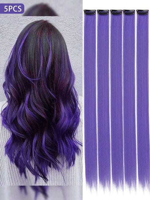 SHEIN 5pcs Purple Clip-In Hair Extensions, 20 Inches Long Straight, Synthetic Material, Suitable For Halloween Cosplay