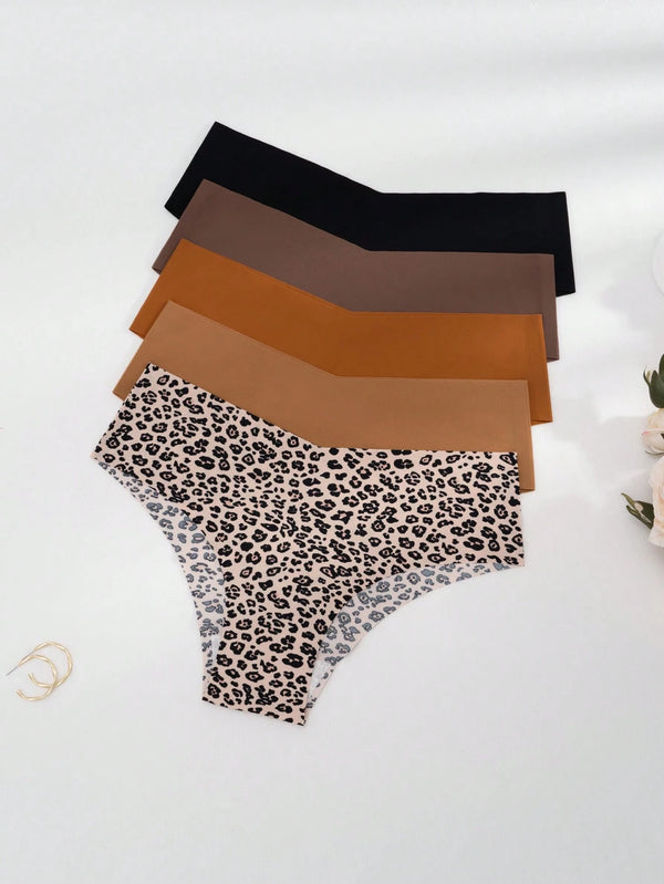 SHEIN 5pcs Women's Leopard Print Seamless Panties, Comfortable Skin-Friendly Sexy Low Rise Hipster Briefs