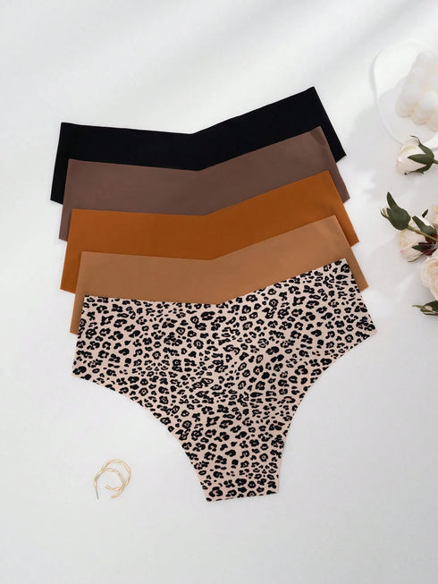 SHEIN 5pcs Women's Leopard Print Seamless Panties, Comfortable Skin-Friendly Sexy Low Rise Hipster Briefs