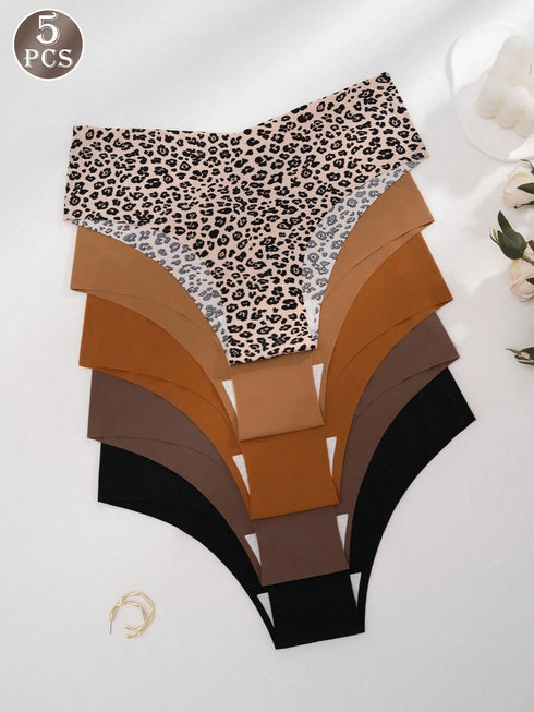 SHEIN 5pcs Women's Leopard Print Seamless Panties, Comfortable Skin-Friendly Sexy Low Rise Hipster Briefs