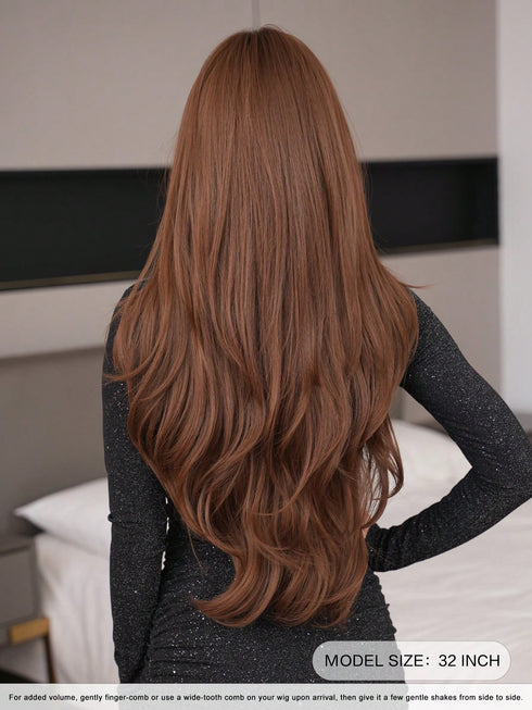 SHEIN 7JHH WIGS 32 Inch Tea Brown Curly Wig For Women,Elegant Extra Long Body Wavy Wig With0