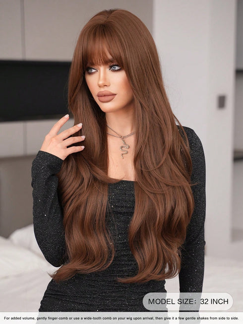 SHEIN 7JHH WIGS 32 Inch Tea Brown Curly Wig For Women,Elegant Extra Long Body Wavy Wig With1