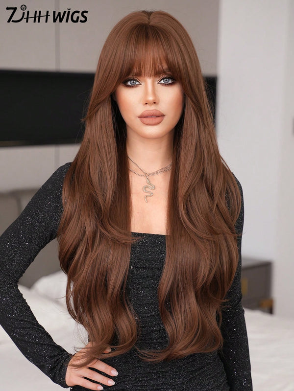 SHEIN 7JHH WIGS 32 Inch Tea Brown Curly Wig For Women,Elegant Extra Long Body Wavy Wig With