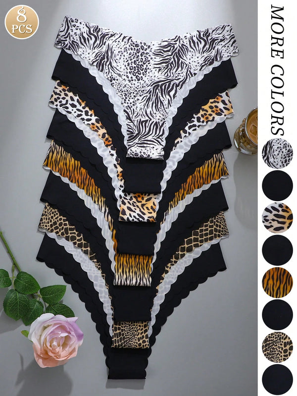 SHEIN 8pcs/Set Women's Seamless Leopard Print & Solid Color Wavy Trim Comfortable Smooth Fabric Triangle Panties
