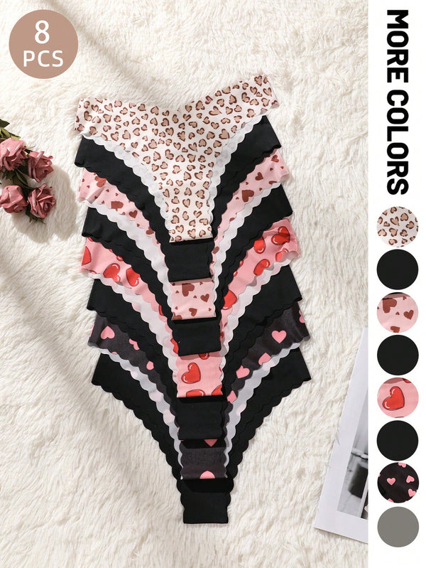 SHEIN 8pcs/Set Women's Seamless Leopard Print & Solid Color Wavy Trim Triangle Panties, Comfortable Smooth Fabric