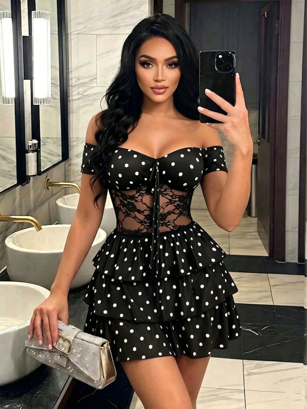 SHEIN AIJ Women's Elegant Black & White Polka Dot Off-Shoulder Mini Skirt, Contrast Lace And Ruffle Design, Sexy Fitted A-Line Party Dress Summer