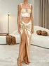 SHEIN Almamuse Women's Elegant Sexy Metal Decor Cropped Top And High Slit Skirt 2 Pieces Set, Summer00