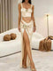 SHEIN Almamuse Women's Elegant Sexy Metal Decor Cropped Top And High Slit Skirt 2 Pieces Set, Summer
