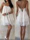 A woman modeling a white lace and mesh mini dress, shown from both the front and back. The dress features thin straps, a ruffled tiered skirt, and an open back with thin tie straps.