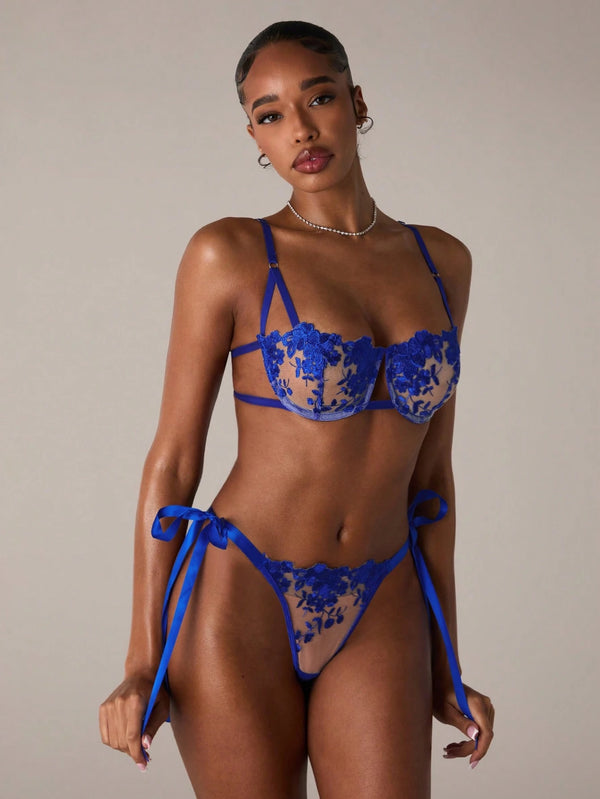 SHEIN BAE 2pcs Sky Blue Embroidered Lace-Up Women's Lingerie Set Lace Bra Set Blue Bra And Panty Set Butterfly Lingerie Set Royal Blue Lingerie Set