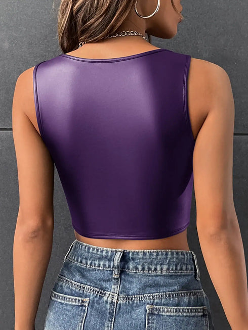 SHEIN BAE Square Neck Asymmetrical Hem PU Tank Top