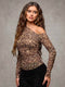 SHEIN BAE Women Oblique Shoulder Long Sleeve Leopard Print Casual Top