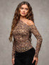 SHEIN BAE Women Oblique Shoulder Long Sleeve Leopard Print Casual Top