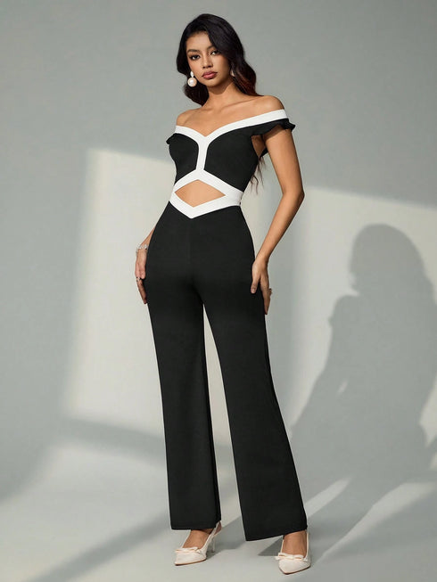 SHEIN Bluhae Women's Fashionable Elegant Off-Shoulder Contrast Color Hollow Out Fitted Jumpsuit0