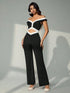 SHEIN Bluhae Women's Fashionable Elegant Off-Shoulder Contrast Color Hollow Out Fitted Jumpsuit0