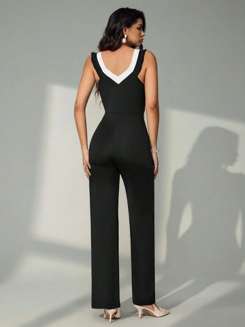 SHEIN Bluhae Women's Fashionable Elegant Off-Shoulder Contrast Color Hollow Out Fitted Jumpsuit1