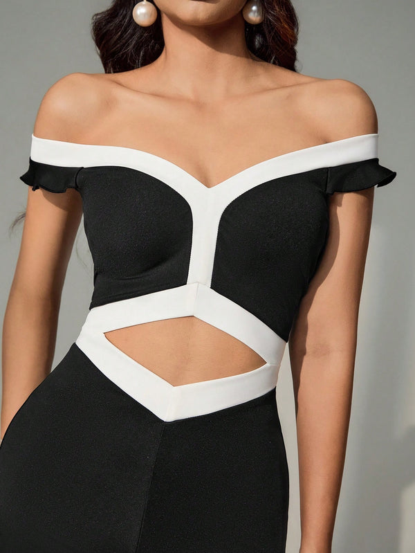 SHEIN Bluhae Women's Fashionable Elegant Off-Shoulder Contrast Color Hollow Out Fitted Jumpsuit