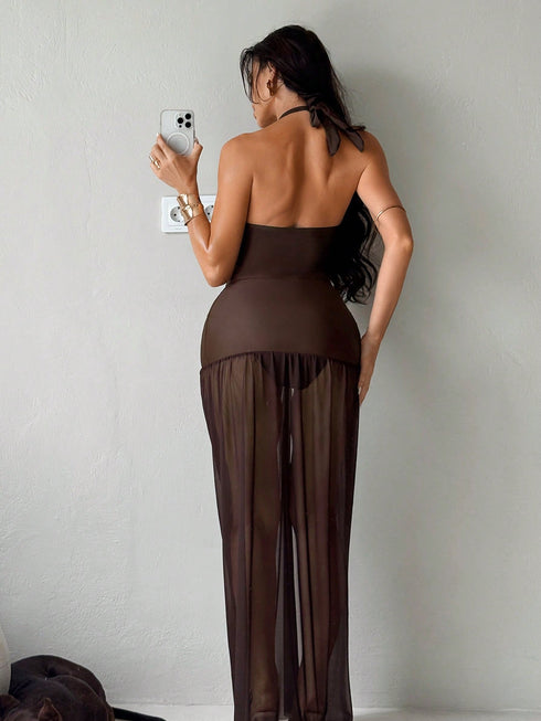 SHEIN Bonvoyette 2pcs/Set Solid Color Women Holiday Metal Accessory Halter Crop Top & Skirt Suit1