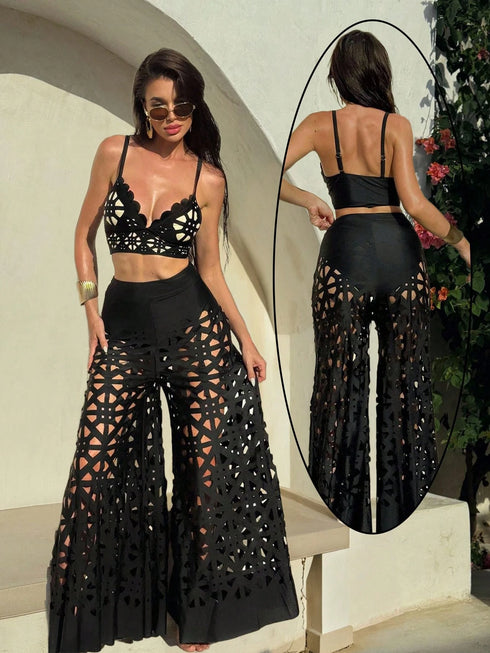 SHEIN Bonvoyette 3pcs/Set Summer New Women's Swimsuit Strappy Solid Top, High Waisted Shorts, Hollow0